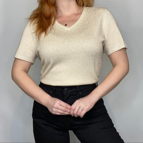 Vintage 80s Drapers & Damon’s XL Neutral Tan Sweater Tee Shirt w/ Pearl Accents - Picture 1 of 13
